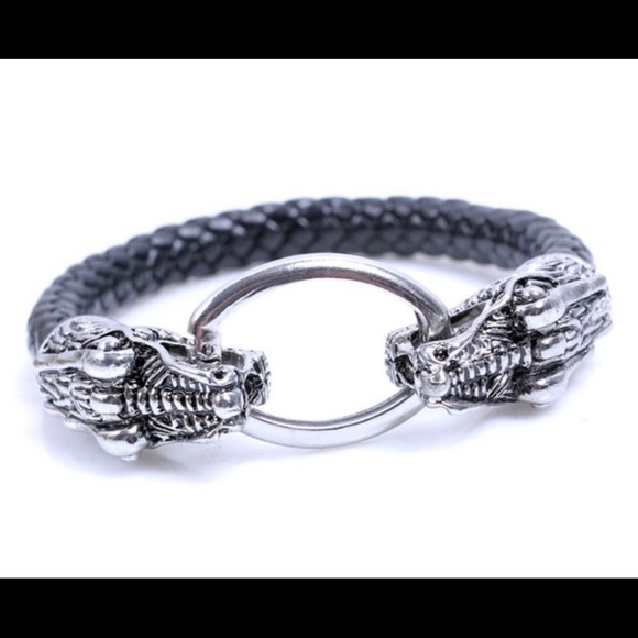 Double Python Silver Ring In Mouth Steel Black Braided Bracelet! - Picture 2 of 5